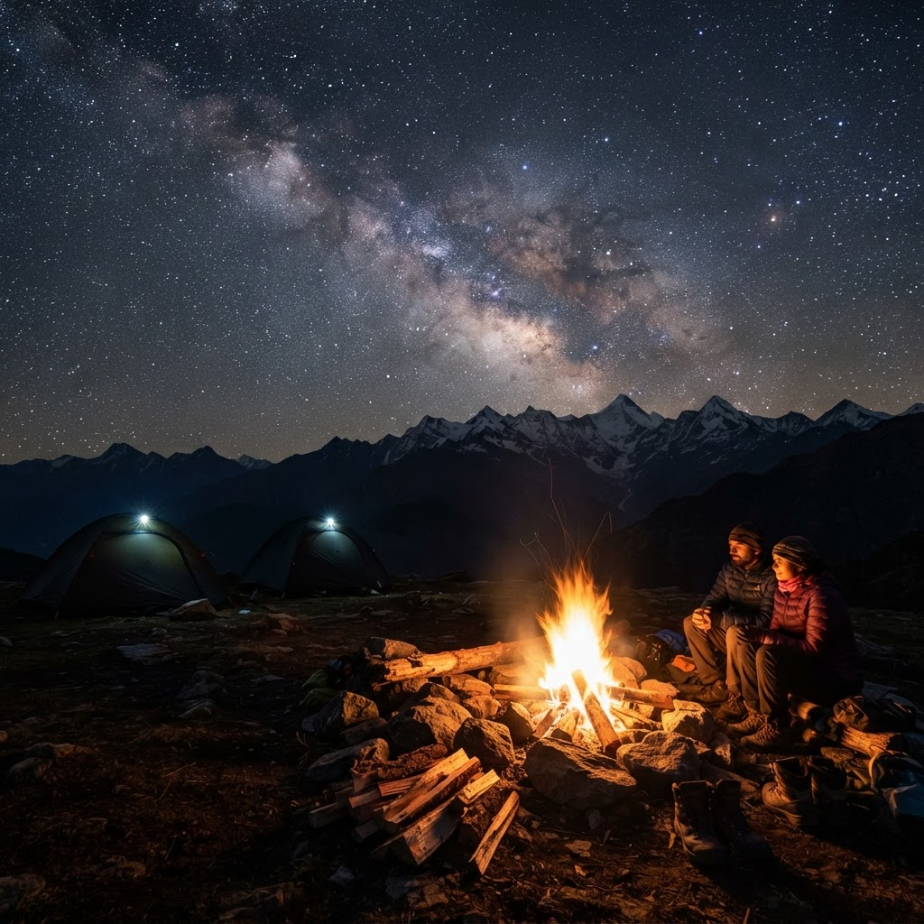 Trekkers gathered around a campfire under a starry Himalayan sky