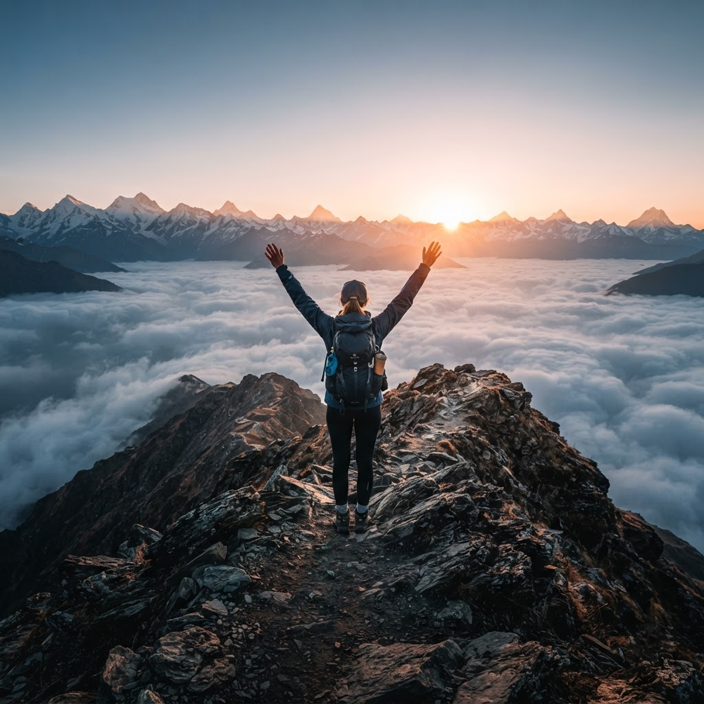 Hiker above mountain clouds at sunrise