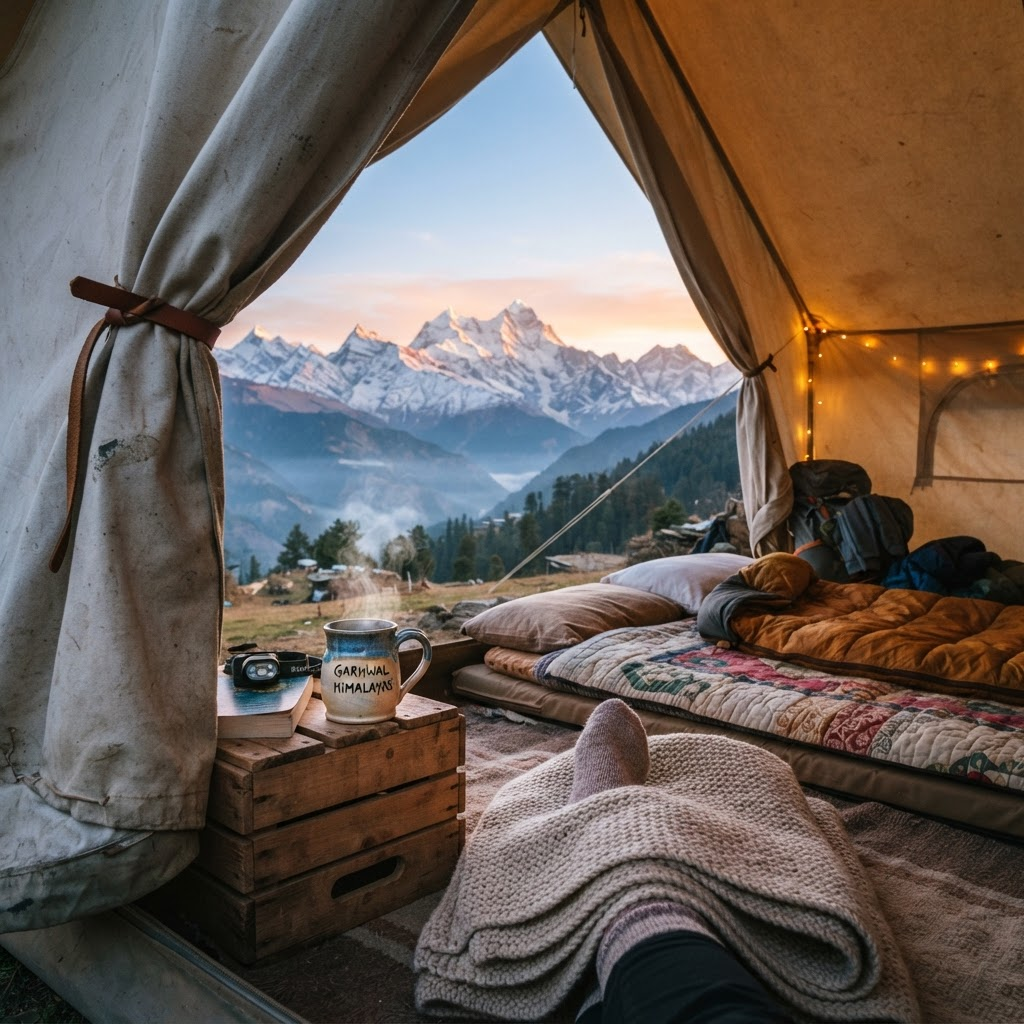Mountain camping at dawn