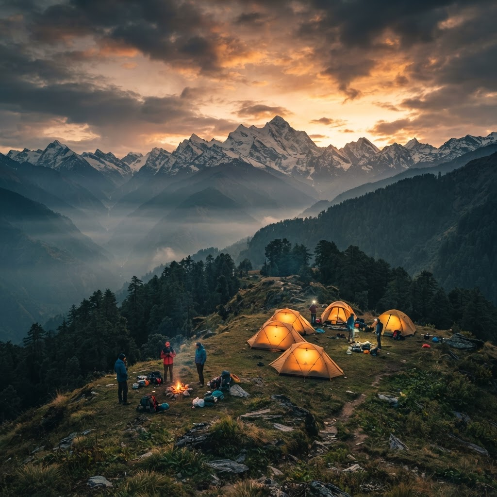 Tents beneath towering Himalayan peaks at golden hour in Uttarakhand